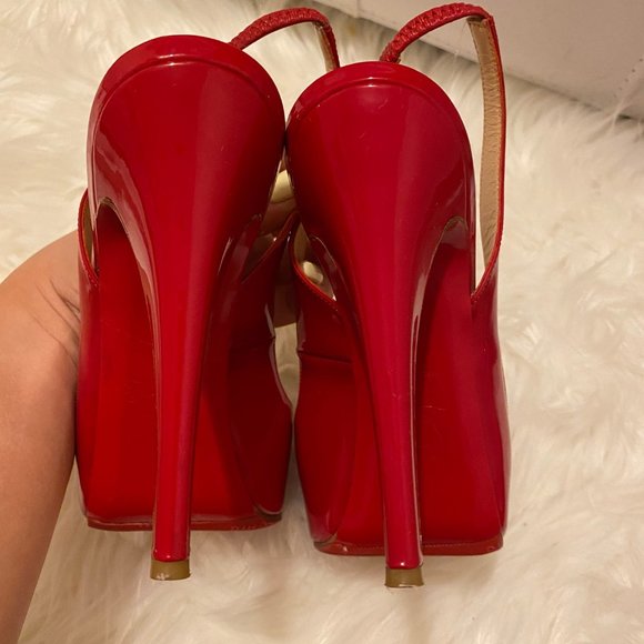 Christian Louboutin Red Patent Leather No Prive Sling Peep 120mm Pumps SZ 37.5 - Picture 7 of 10
